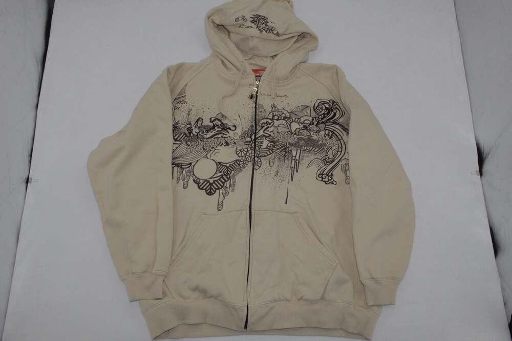 Five Pointz Graphic Print Zip-Up Hoodie Beige Size 2XL
